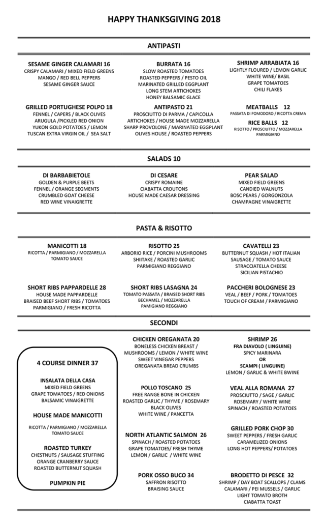 Bella Luce 2018 Thanksgiving Dinner Menu